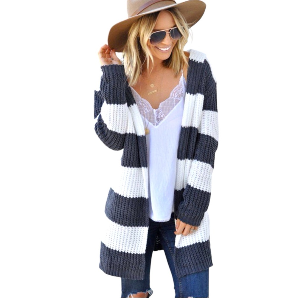 POL Striped Knit Cardigan in Charcoal and White